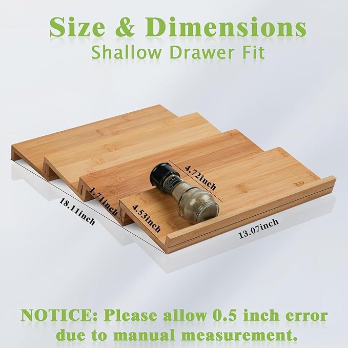 Bamboo Spice Drawer Organizer, 4 Tier Stackable Spice Rack for Cabinet, Seasoning Storage Organization，13'' Wide