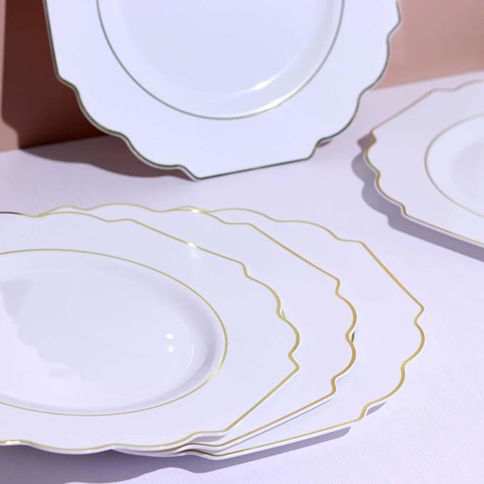 White Hard Plastic Dinner Plates, 50 Pack 11" Disposable Round Baroque Plates