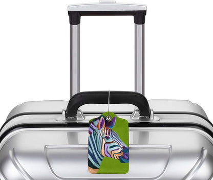 2pcs Zebra Luggage Tag for Suitcases Baggage, Colorful Airport Cruise Leahter Luggage Tag on Green Background and Full Back Privacy Cover for Travel Sports Teens Kids