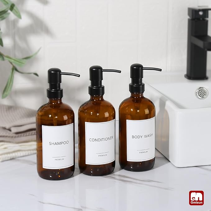 GMISUN Shampoo and Conditioner Dispenser, 3 Pack Amber Glass Bathroom Shampoo Conditioner Body Wash Dispenser with Pump for Shower, 17 Fl Oz Hand Soap Dish Soap and Lotion Dispenser Set for Kitchen