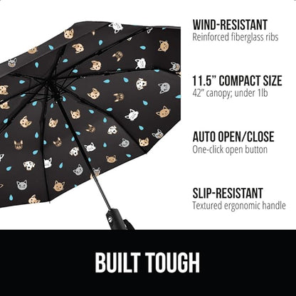 GORILLA GRIP Strong Stick Umbrella for Rain, Compact Travel One-Click Automatic Open Close, Lightweight, Portable, US Designed Reinforced Fiberglass Ribs, Wind Resistant, Easy Collapse, Cats Dogs
