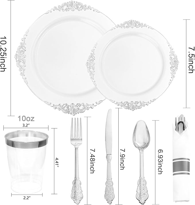 210 Pcs White Silver Plates for Party | White Party Plates Set for 30 Guests