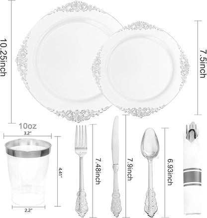 210 Pcs White Silver Plates for Party | White Party Plates Set for 30 Guests
