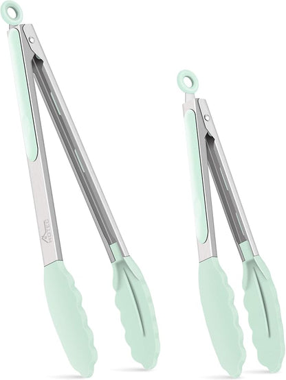 HOTEC Premium 7 & 9 Inch Kitchen Tongs, Stainless Steel Locking Cooking Tongs with Silicone Tips, Non-Scratch & Heat Resistant, Serving Tongs for Salad, BBQ, Light Green, Set of 2