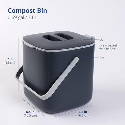 Blue Ginkgo Kitchen Compost Bin [2.6L / 0.69 GAL] – Filter-Free, Odor-Tight Countertop Food Waste Pail with Handles (Made in Korea, Gray)