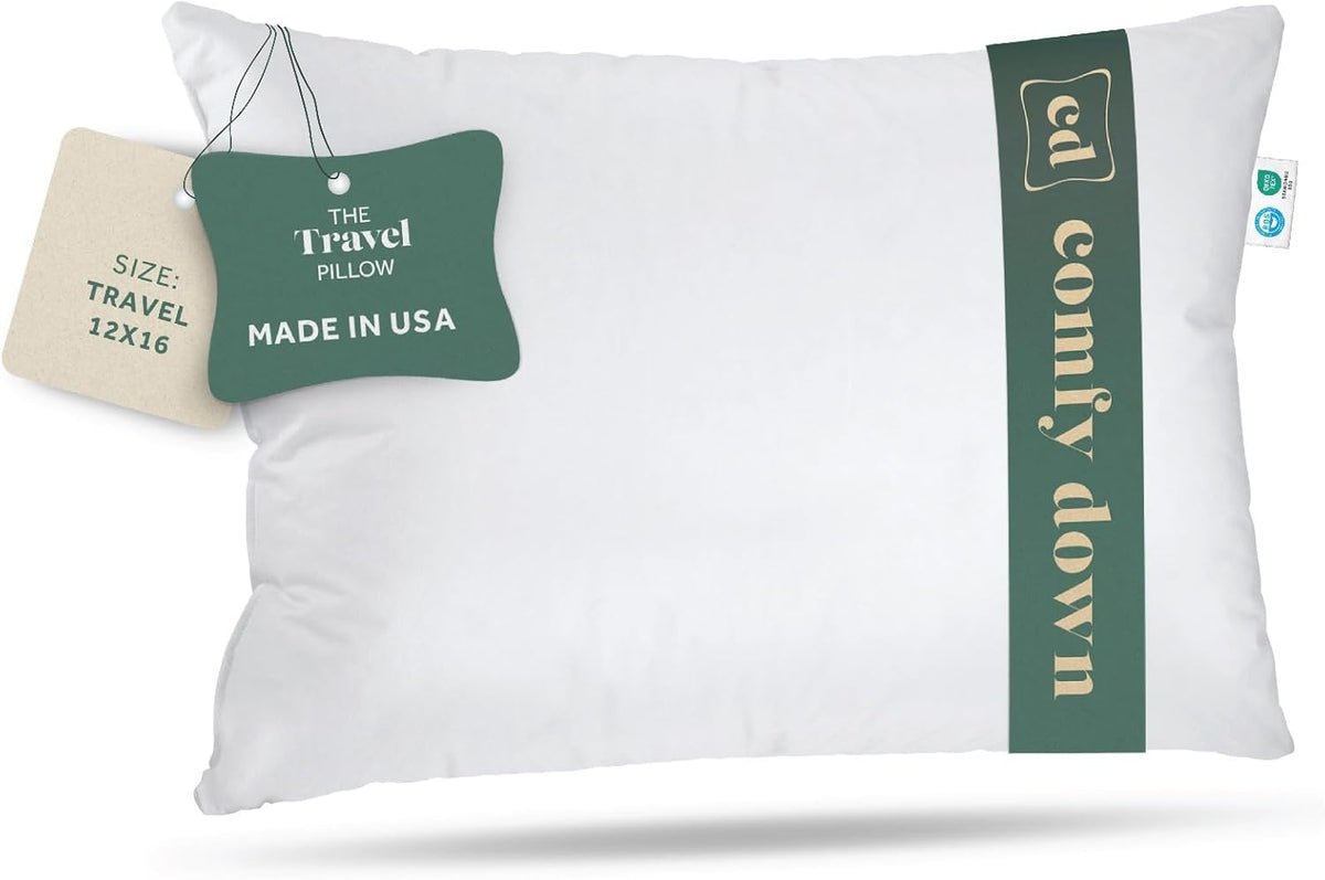 Goose Down Travel Pillow - Filled with 800 Fill Power European Goose Down, Egyptian 300 Thread Count 100% Cotton Cover for Plane car & Home - Made in USA (12x16)