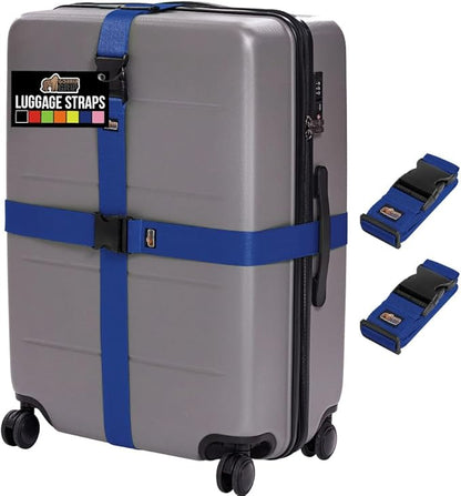 GORILLA GRIP Heavy Duty Adjustable Luggage Straps for Suitcases, Easy to Identify Travel Belt Connector Holds Suitcase Together, Extends Life of Bag, Strap Connects Two Bags, Accessories 2 Pack Blue