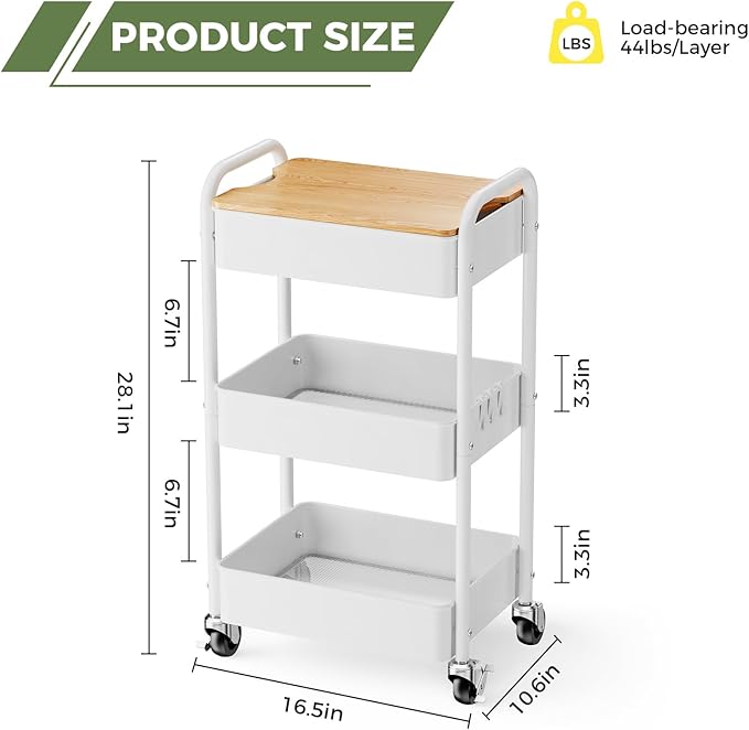 3 Tier Rolling Cart with Table top, Metal Rolling Utility Cart on Wheels, Sturdy Storage Organizer Cart with Hooks for Office, Classroom, Kitchen and Bathroom (White)