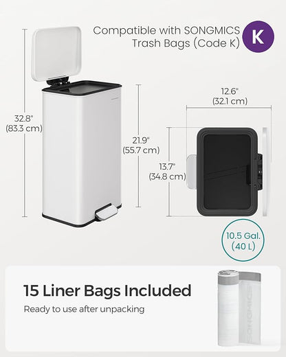 SONGMICS Kitchen Trash Can, 10.5 Gallon (40 L) Garbage Can, Large Step Trash Bin with Lid, Stainless Steel, Soft Close, 15 Trash Bags Included, White ULTB540W40