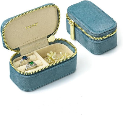 Small Travel Jewelry Case, Mini Tiny Plush Velvet Jewelry Box for Women and Girls, Pocket Size Jewelry holder organizer for Rings Earrings and Small Items(Coral Blue)