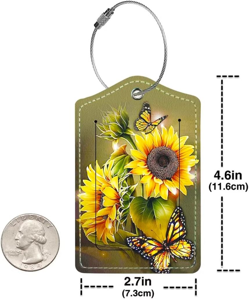 2 Pack Luggage Tag for Suitcase, Cute Unique Leather Bag Tags Identifiers Privacy Cover ID Label with Durable Steel Loop for Women Men Kids Girls Travel, Sunflower