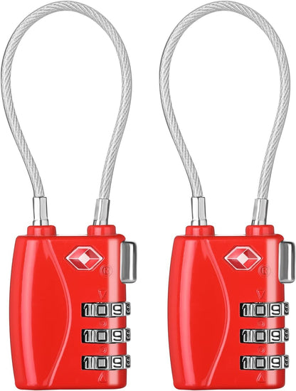 ZHEGE TSA Locks for Luggage 3 Digit Cable Padlock with Alloy Body for Suitcase, Baggage, Backpack, Pistol Case (2 Pack, Red)