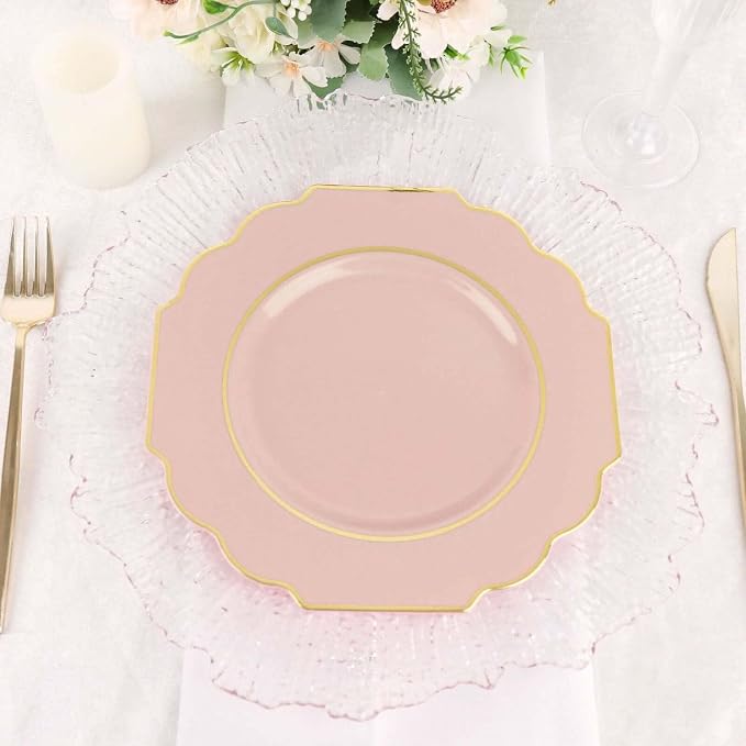Blush Hard Plastic Dessert Plates, 50 Pack 8" Disposable Round Baroque Plates