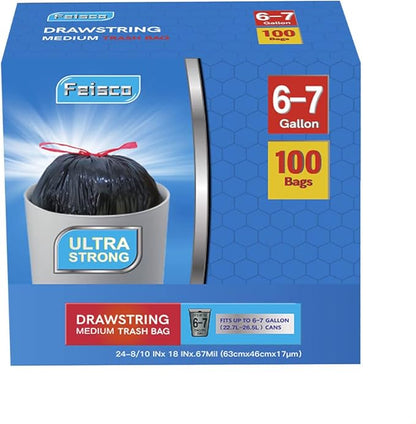 Feisco 6-7 Gallon Black Trash Bag,Medium Drawstring Garbage Bag Trash Can Liner,100 Counts,0.67 Mil