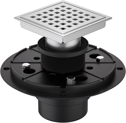 4-3/8 Inch Square Shower Drain Chrome, Bathroom Floor Drain, Stainless Steel Drain Kit with ABS Flange, Removable Grid Cover, Hair Strainer
