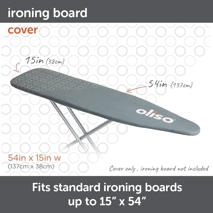 oliso Ironing Board Cover – 100% Cotton with Professional Felt Pad, Fits Standard 54" x 15" Boards – Secure Fit with Wide Elastic Edge & Adjustable Straps – Grey