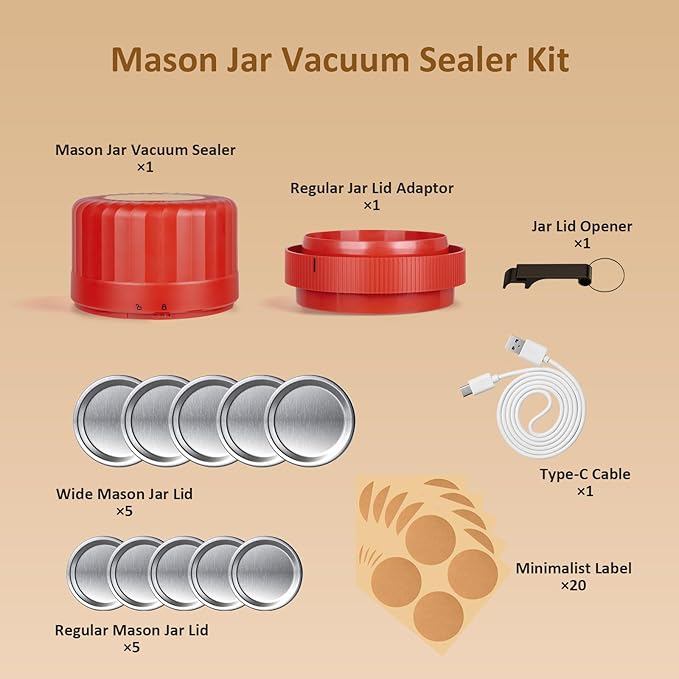 Fully Automatic Mason Jar Vacuum Sealer Kit - Auto Stop Mason Jar Vacuum Sealer Kit, Jar Vacuum Sealer for Mason Jars, Jar Vacuum Sealer, A Must-Have for Canned Foods Pantry Canning Pickling