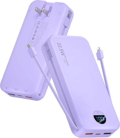 Portable Charger, 20000mAh 22.5W USB C Fast Charging Power Bank with Built-in Cables & Wall Plug, External Battery Pack with LED Display, Travel Essentials Compatible with iPhone, iPad, Samsung Purple