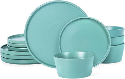 Dinnerware Sets for 4 - CJDC-QUELO 12-Piece Stoneware Plates and Bowls Sets, Ceramic Dishware Sets for Kitchen Use and Formal Dining, Chip and Scratch Resistant Microwave Dishwasher Safe, Green