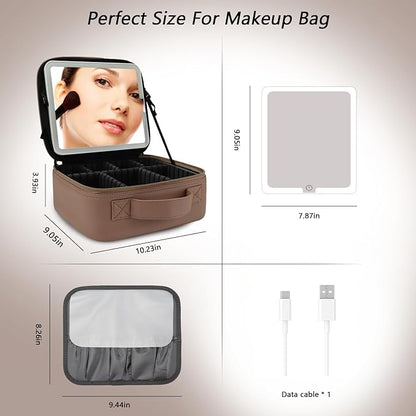 Travel Makeup Bag with LED Mirror Travel Makeup Organizer with 3 Lighted Settings, Adjustable Dividers and Makeup Brush Storage Bag Mocha