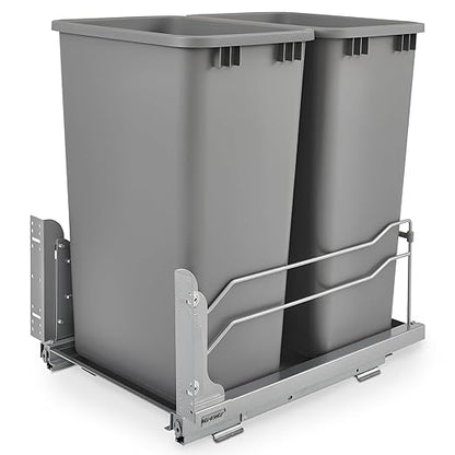 Rev-A-Shelf Double Pullout Trash for Full Height Kitchen Cabinets 50 Quart 12.5 Gallon with Soft-Close Slides, Metallic Silver, 53WC-2150SCDM-217
