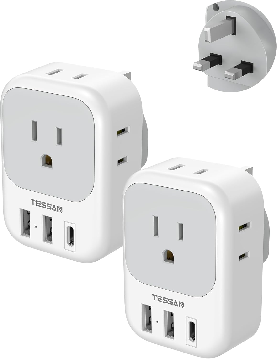 UK Adapters for Travel 2 Pack, TESSAN Type G US to UK Plug Adapter with 4 Outlets 3 USB Charger(1 USB C Port), Power Adaptor for USA to Ireland Scotland Dubai Hong Kong England British Kenya London