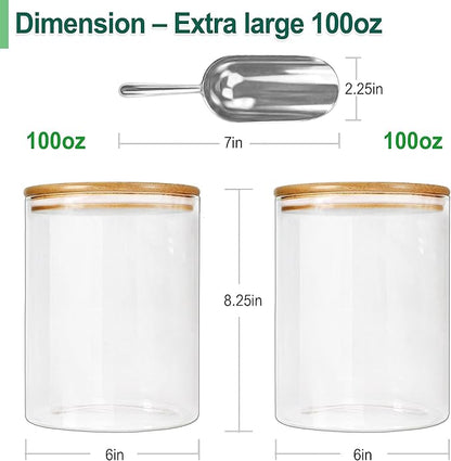 Urban Green Glass Jar with Bamboo Lids (2 sets 100oz) with Metal Scoop, Food Storage Containers with Airtight Lids, Glass Canisters sets, Flour Container Jar