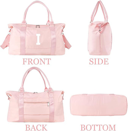Initial Travel Duffel Bag Sports Gym Bag for Girls Teen Birthday Gifts,Pink Personalized Weekender Bag Carry On Tote Bags for Women Men,Waterproof Overnight Luggage Bag with Trolley Sleeve(Letter I)