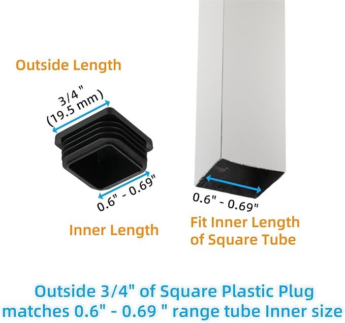 Furnigear Plastic Plugs Tubing End Cap Chair End Caps Outside Bottom Tubing Caps Square Furniture Sliders Glides Black (40, Fit 0.6-0.69" Square Tube Inner Size)