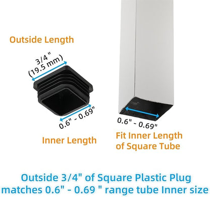 Furnigear Plastic Plugs Tubing End Cap Chair End Caps Outside Bottom Tubing Caps Square Furniture Sliders Glides Black (40, Fit 0.6-0.69" Square Tube Inner Size)
