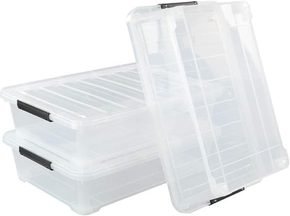 3-Pack Plastic Under Bed Storage Box Container, 40 Quart Clear Stackable Storage Box Wheeled Latching Box