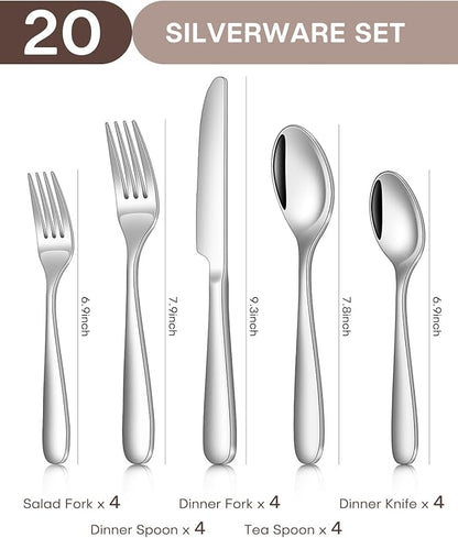 20-Piece Silverware set for 4 Include Knife Spoon and Fork Flatware Set with Heavy Duty Stainless Steel Mirror Polished Modern Tableware Eating Utensil Set, Dishwasher Safe