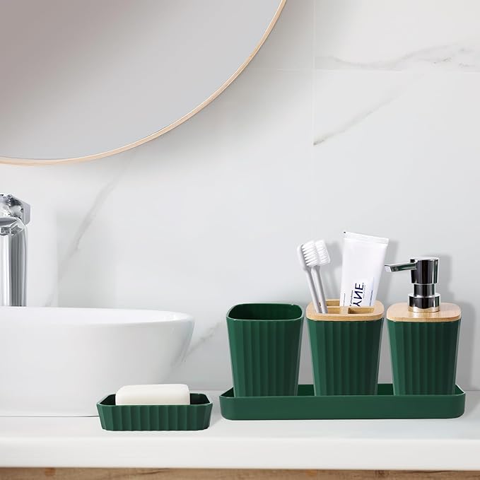 Dark Green Bathroom Set - Green Bathroom Accessories Set, 24PCS Bathroom Accessory Set with Shower Curtain, Bath Towels, Trash Can, Soap Dispenser, Green Bathroom Accessories for Home