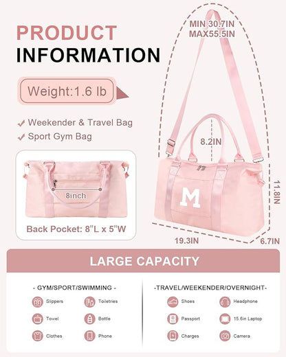 Initial Travel Duffel Bag Sports Gym Bag for Girls Teen Birthday Gifts,Pink Personalized Weekender Bag Carry On Tote Bags for Women Men,Waterproof Overnight Luggage Bag with Trolley Sleeve(Letter M)