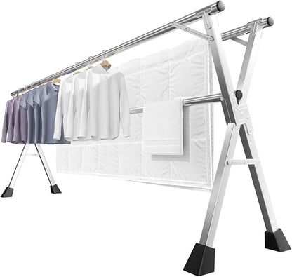 MIKEE 79-Inches Clothes Drying Rack,Foldable Laundry Drying Rack Clothing for Indoor/Outdoor，Length-Adjustable Clothes Rack，Space-Saving,with 20 Windproof Hooks