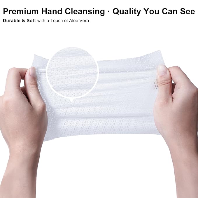 Premium Hand Sanitizing Wipes, 100 Count Non-Woven Wet Wipes Travel Size, Aloe Vera Scent, 70% Alcohol, Individually Wrapped, for Home, Office & Outdoor, Drawstring Bag Included