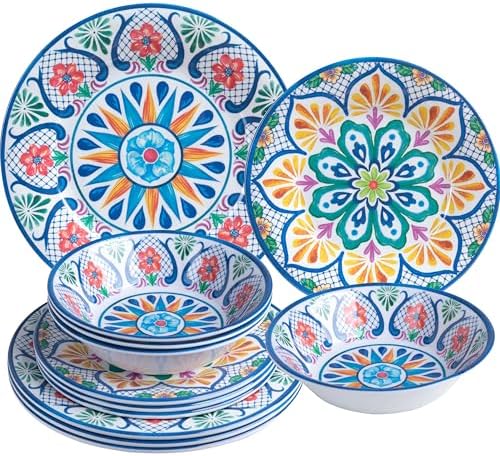Melamine Dinnerware Sets, 12-Piece Dinner Dishes Set Service for 4