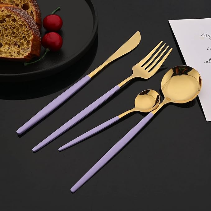 JASHII Flatware Set 24 Piece, Stainless Steel Silverware Set, Macaron Small Fresh Color Cutlery Set, Modern Elegant Tableware Set for Party, Christmas, Dinner (Purple Gold), Service for 6