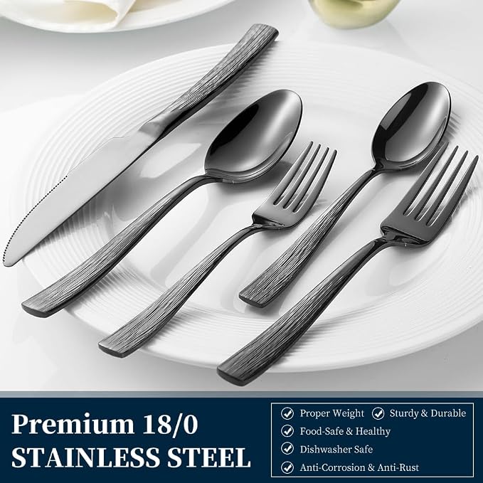Black Hammered Silverware Set, Heavy Duty Flatware Set, 18/0 Stainless Steel