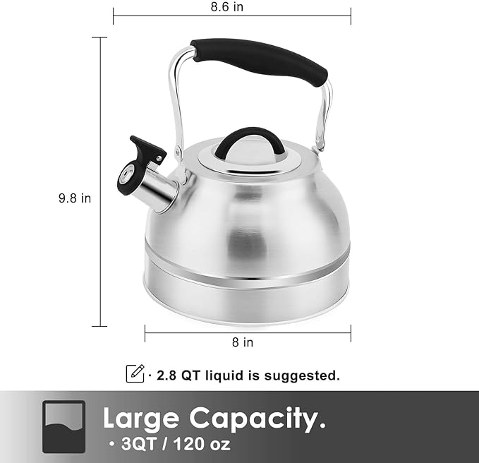 Rorence 3 Quart Tea Kettle: Stainless Steel Whistling Tea Pot with Capsule Bottom for Stovetop - Stainless Steel