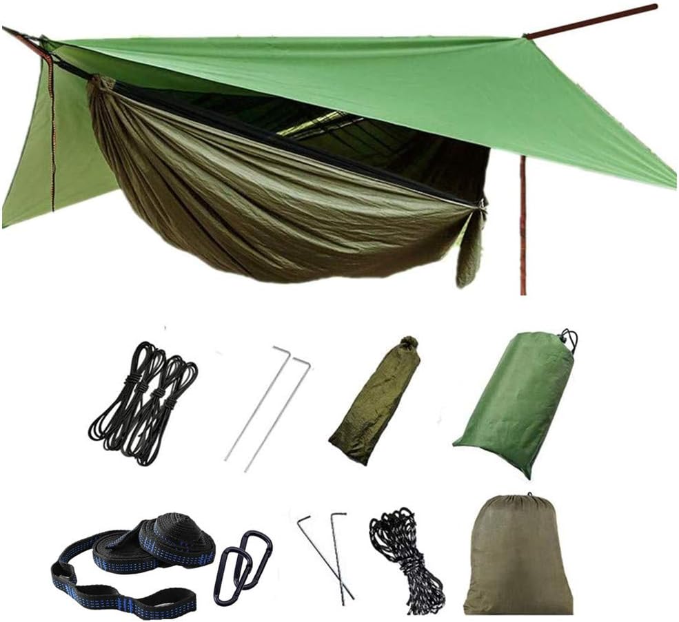 Camping Hammock with Rain Fly Tarp and Mosquito Net with Tree Straps Single &Double Portable Hammocks with Rain Cover for Indoor Outdoor Backpacking Hiking Travel Yard Activities Green