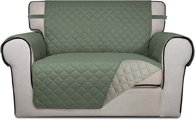 PureFit Reversible Quilted Sofa Cover, Water Resistant Slipcover Furniture Protector, Washable Couch Cover with Non Slip and Elastic Straps for Kids, Dogs, Pets (Oversized Chair, Greyish Green/Beige)