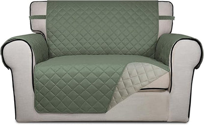 PureFit Reversible Quilted Sofa Cover, Water Resistant Slipcover Furniture Protector, Washable Couch Cover with Non Slip and Elastic Straps for Kids, Dogs, Pets (Oversized Chair, Greyish Green/Beige)