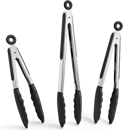 Doosu Kitchen Tongs for Cooking - 600°F Heat Resistant Food Tong Set with Non-Scratch Silicone Tips, Heavy Duty Stainless Steel Locking Tong for BBQ, Grilling Steak, Serving Salad (7+9+12in, Black)
