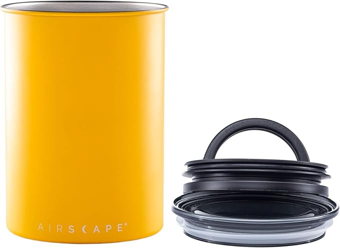 Planetary Design Airscape Stainless Steel Coffee Canister | Food Storage Container | US Patented Airtight Lid | Push Out Excess Air Preserve Food Freshness (Medium, Matte Yellow)