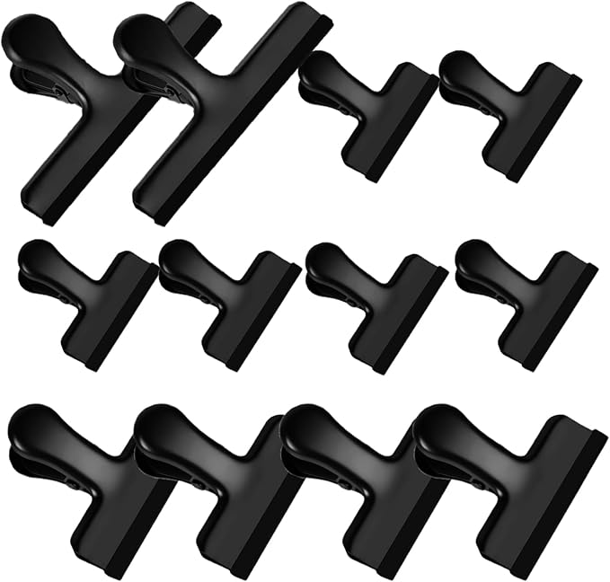 HOUSE AGAIN 12 Pack Stainless Steel Chip Bag Clips Covered with Silicone - NO More Sharp Edges - Color Coded for Food Bags - Air Tight Seal, Heavy Duty for Kitchen and Office, 5-3-2.5 Inches-Black