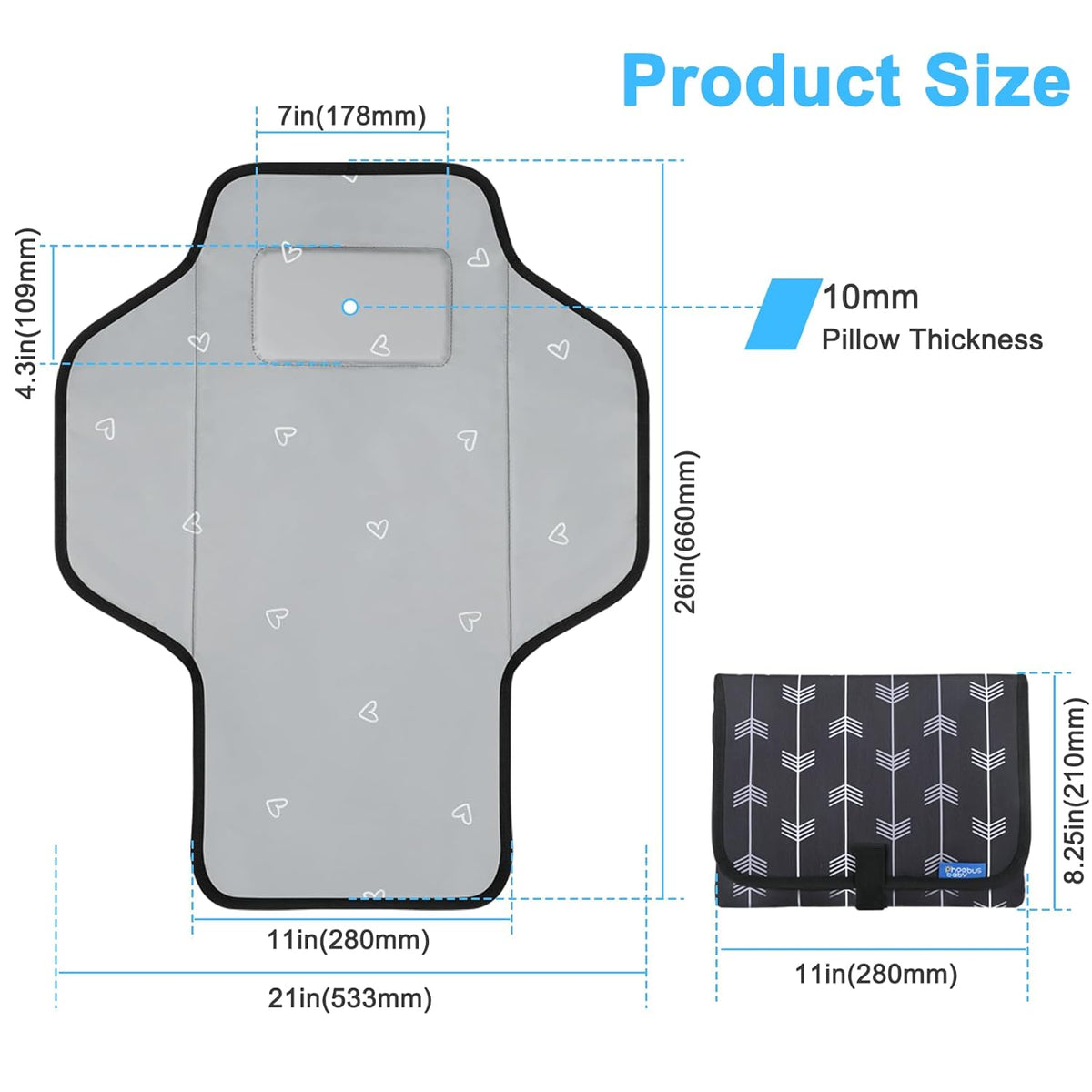 Baby Portable Changing Pad Travel - Waterproof Compact Diaper Changing Mat with Built-in Pillow - Lightweight & Foldable Changing Station, Newborn Shower Gifts