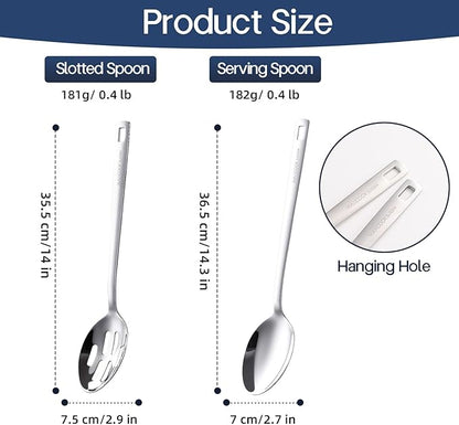 18/8 Stainless Steel Cooking Spoons Set - 2-Piece Solid Slotted Serving Spoon Cooking Utensils set for Pasta, Veggies, Salads (Dishwasher-Safe)
