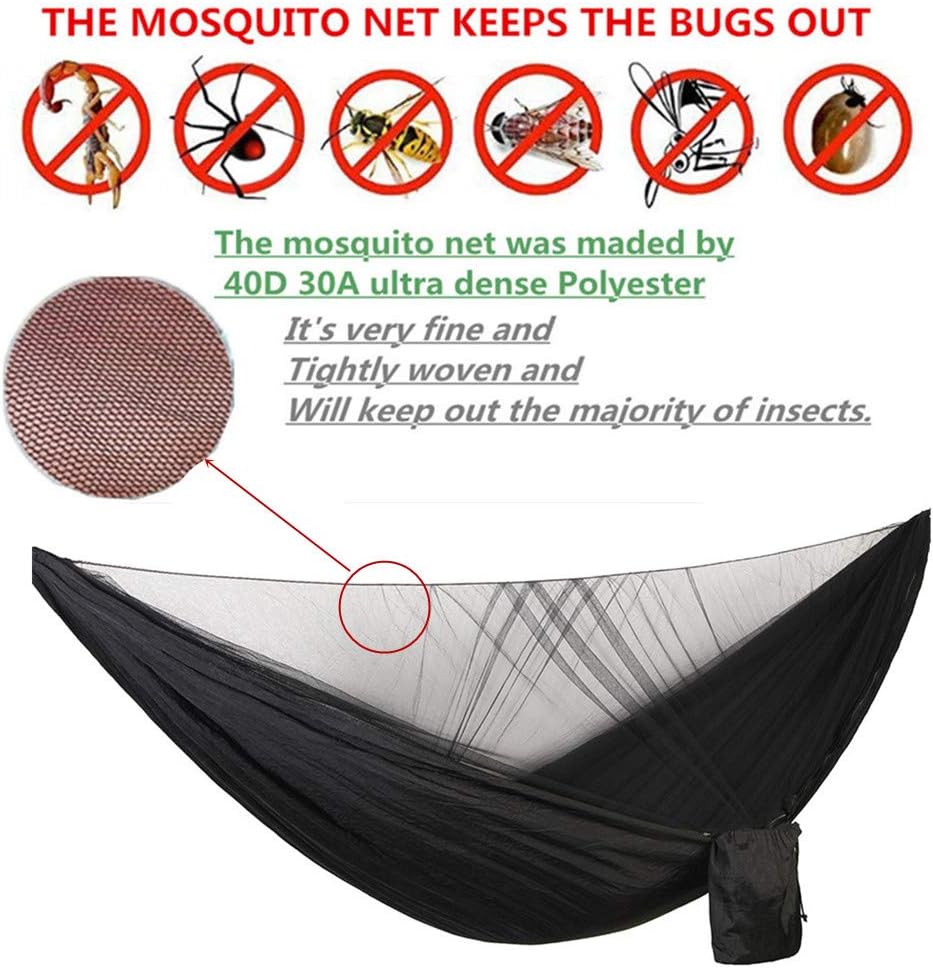 Camping Hammock with Rain Fly Tarp Mosquito Net Heavy Duty Tree Straps Portable Double Parachute Hammocks Tent Waterproof Rainfly Set Black