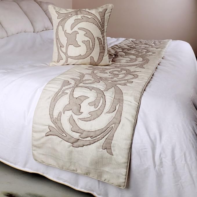 The HomeCentric Designer Ivory & Beige Queen 74 x 18 inch Bed Runner with Pillow Cover Set, Linen Lurex Applique Bed Scarf, Abstract Modern - Pretty Dainty